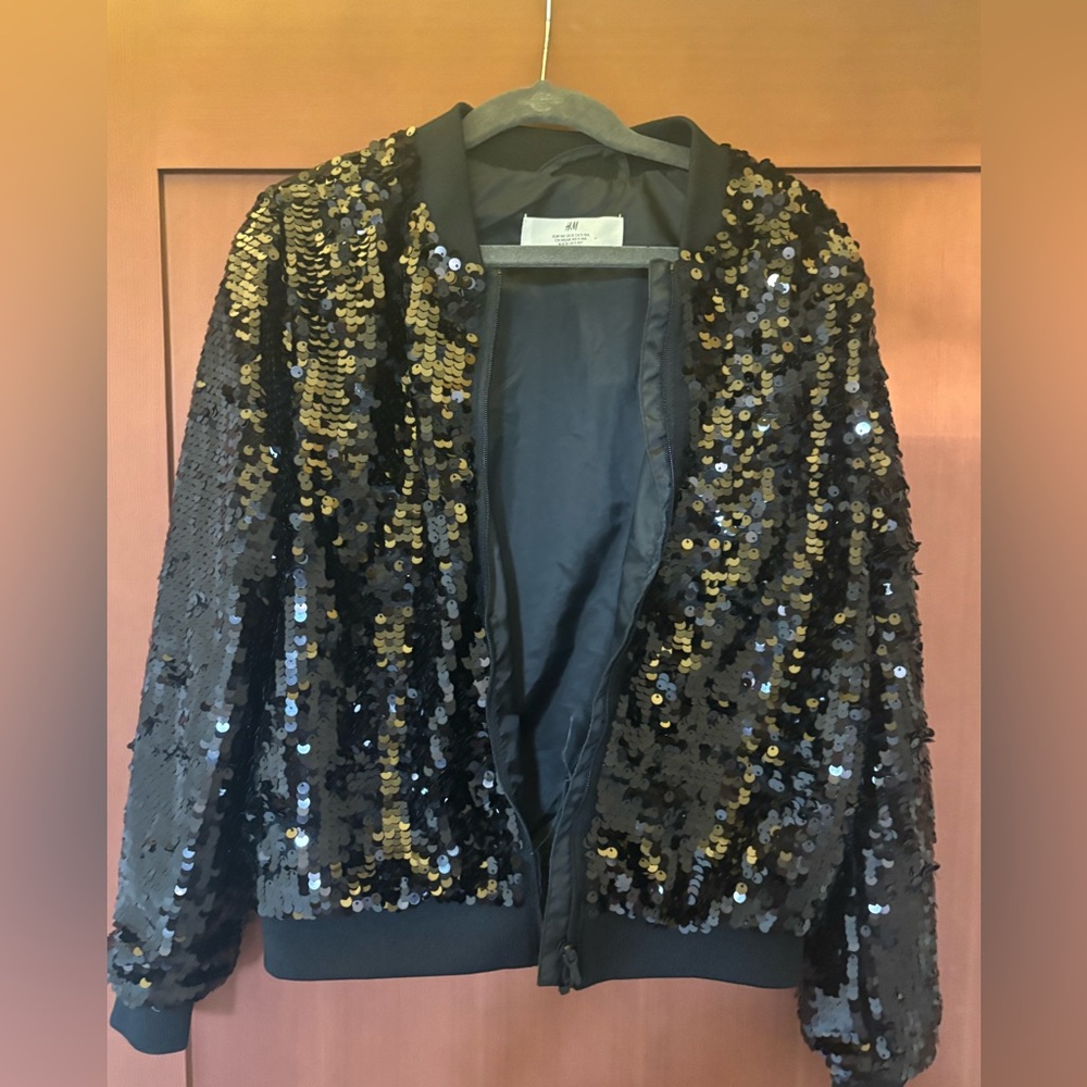H&M Black and Gold Sequin Bomber Jacket